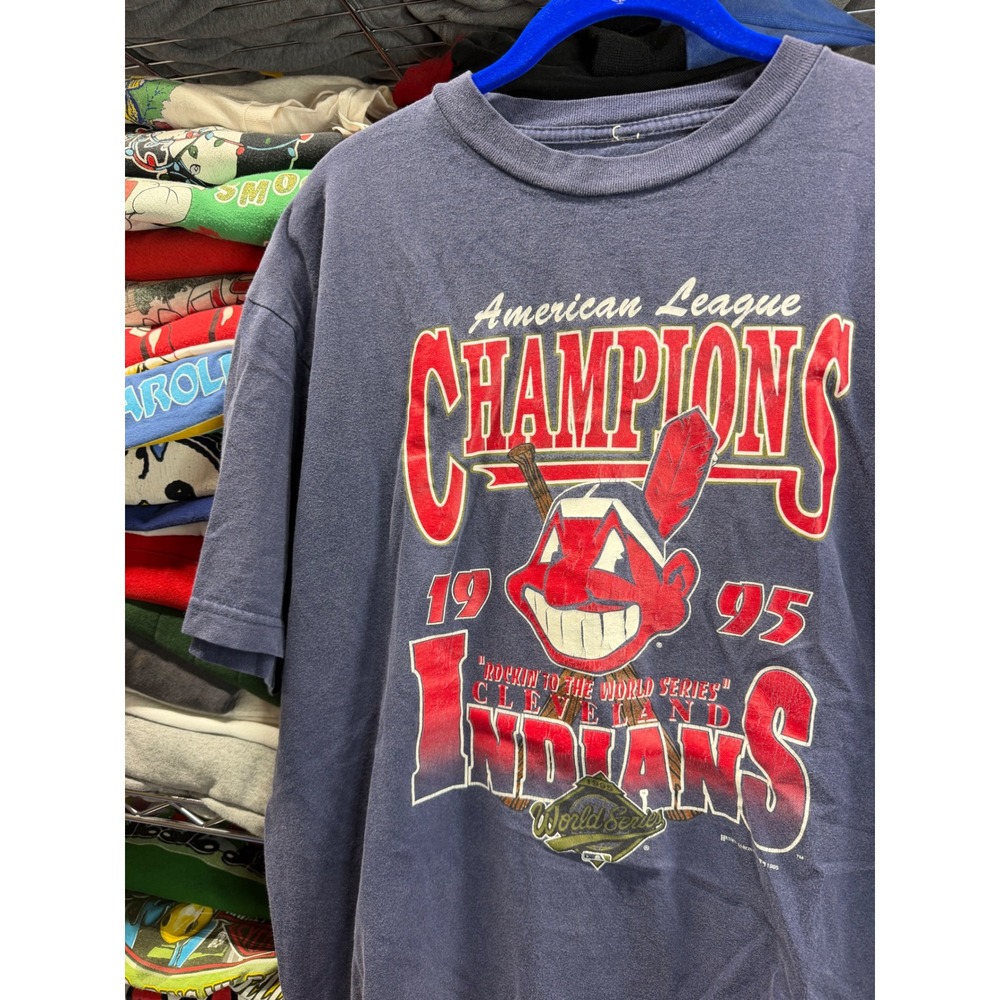 Vintage 1995 Cleveland Indians American League Champions T-Shirt Navy Blue XL